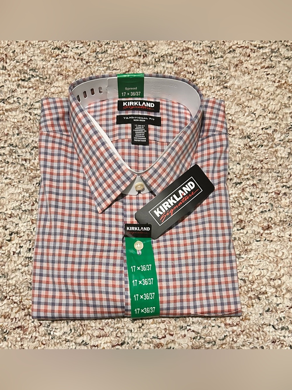 Kirkland Signature Men's Spread Collar Plaid Shirt - Blue, Red & White 17x36/37